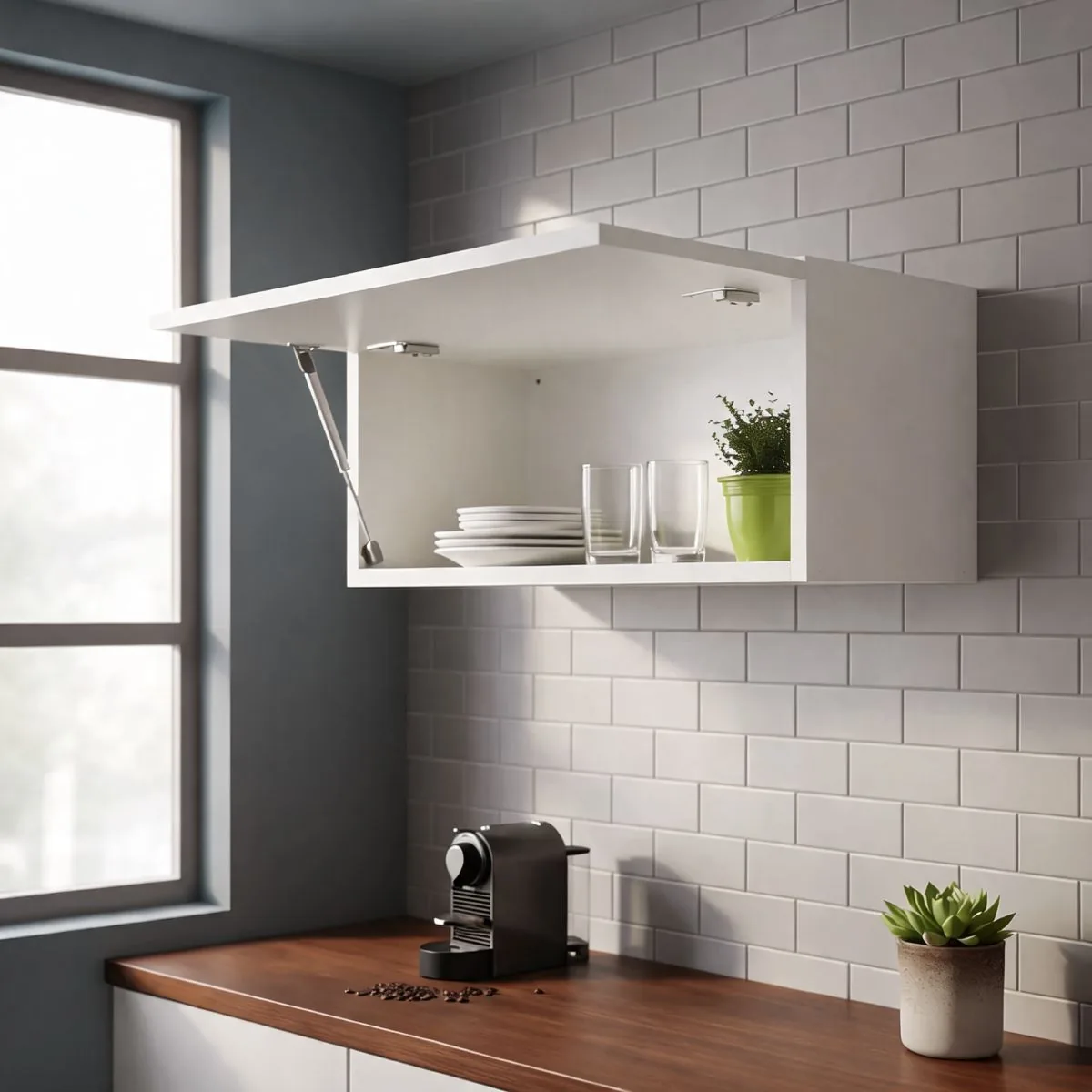 Alacena blanca colgada sobre la mesada de una cocina con la puerta levantada, mostrando platos, vasos y una planta adentro