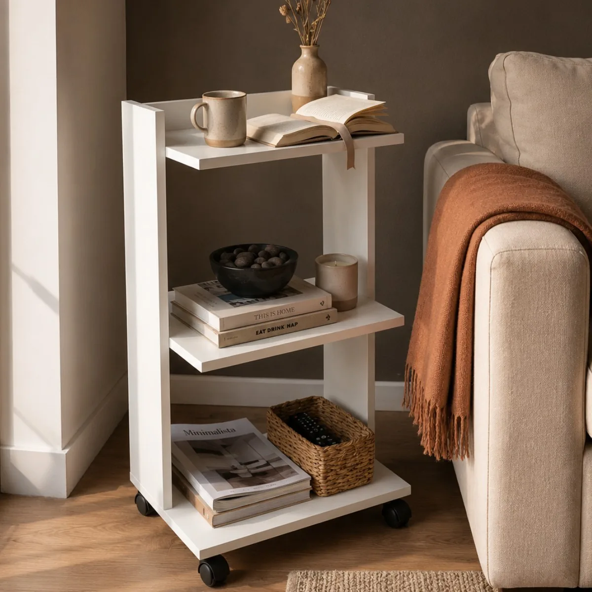 Mesa auxiliar blanca con ruedas al lado de un sillón, con taza, libros, revistas y una canasta en los estantes
